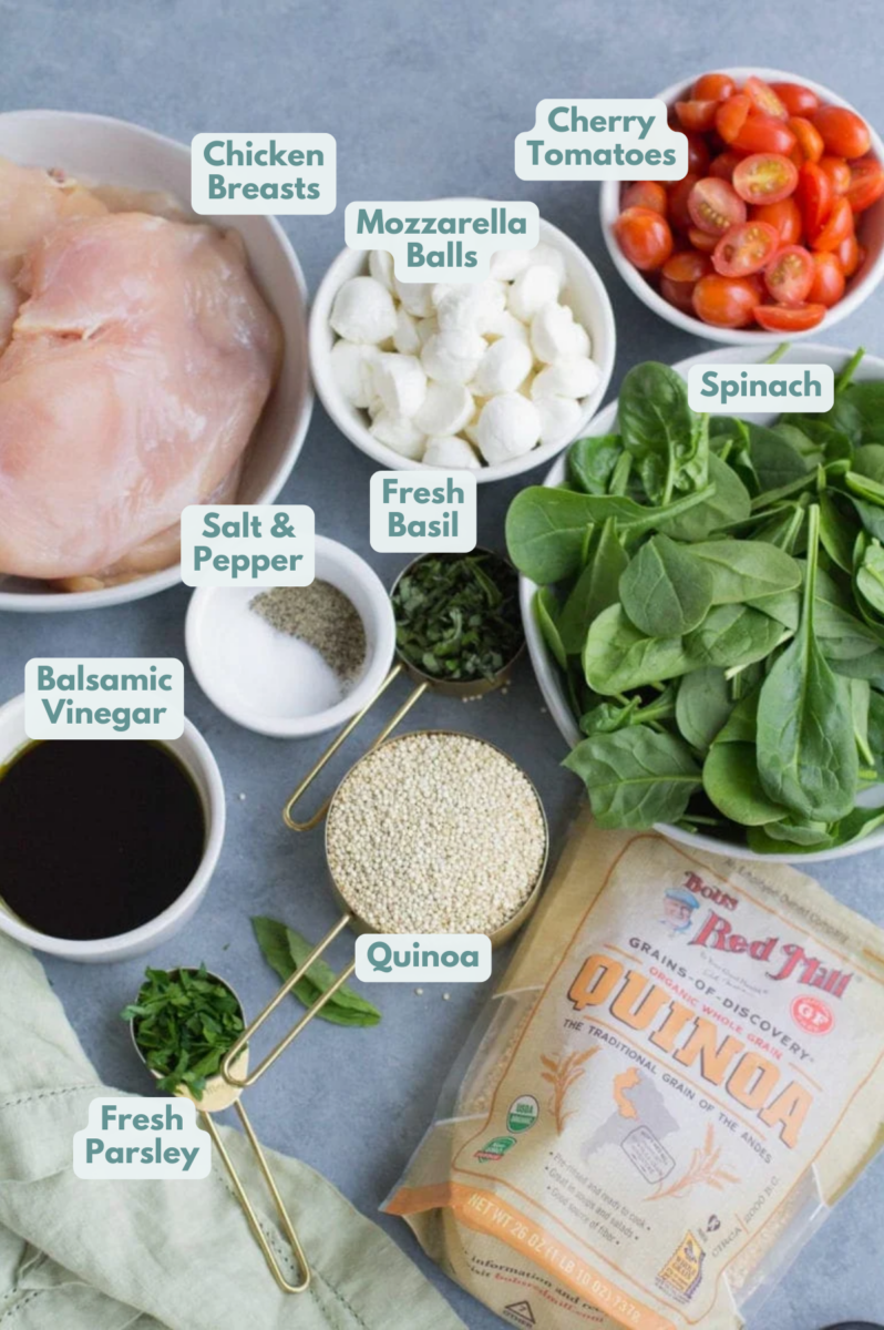 Ingredients to make Chicken Caprese Quinoa Meal Prep Bowls