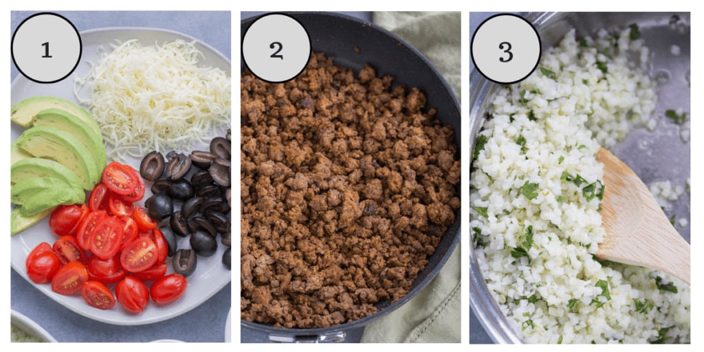 A collage showing how to make taco cauliflower rice bowls step by step