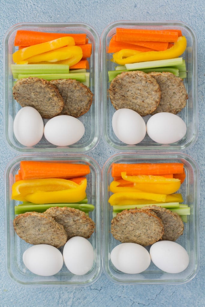4 easy breakfast meal prep bowls on a blue background