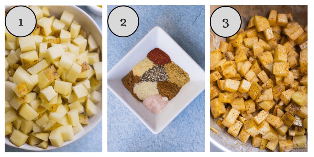 A step by step collage showing how to make roasted mexican potatoes