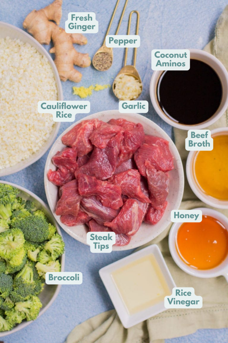 healthy beef and broccoli ingredients in bowls.