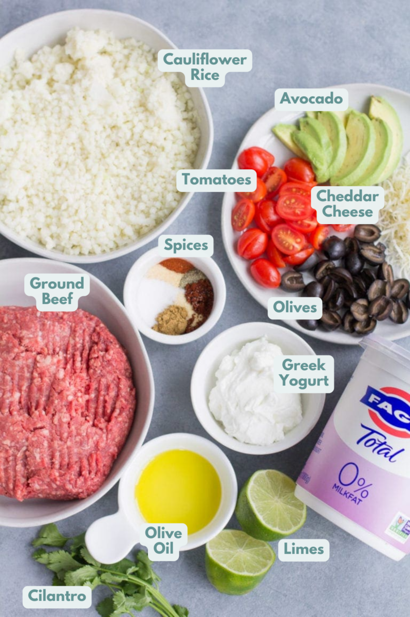 Ingredients to make low carb taco cauliflower rice bowls