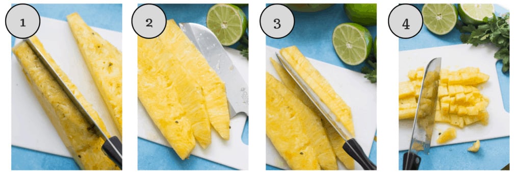 a step by step collage showing how to cut pineapples for pineapple mango salsa