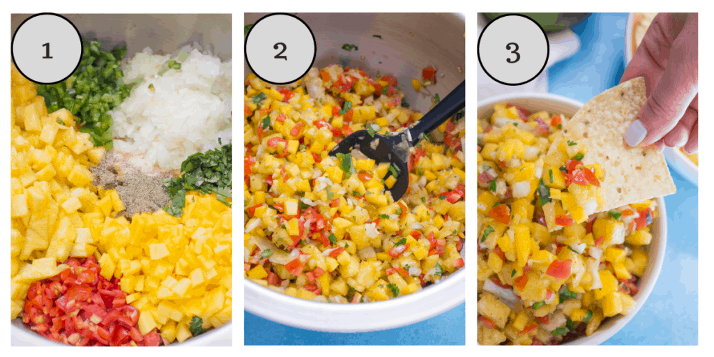 A collage of 3 images showing step by step how to make pineapple mango salsa.