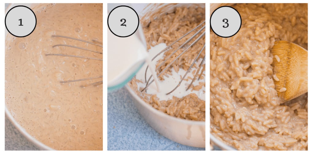 a step by step collage showing how to make vegan rice pudding