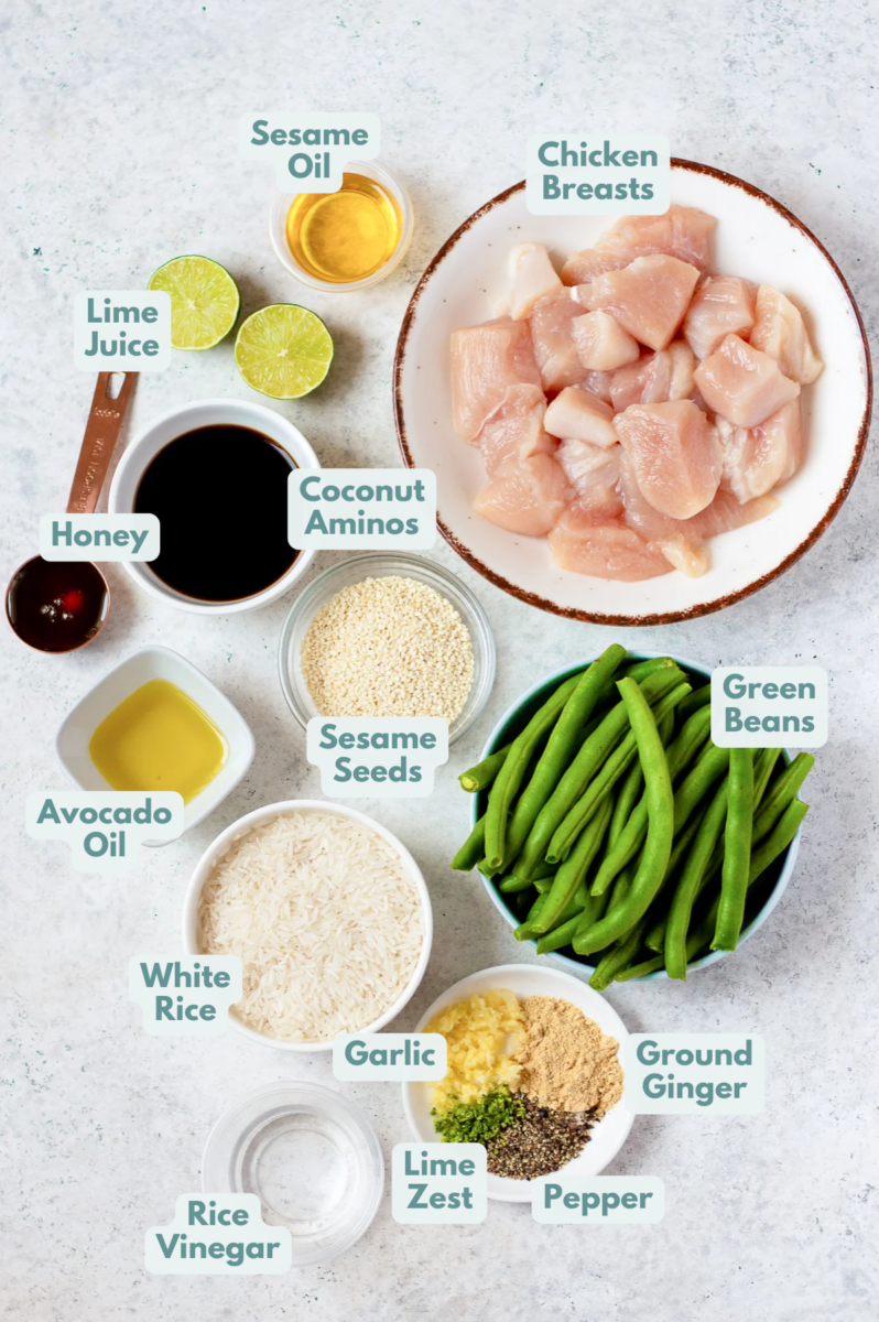 Ingredients to make healthy sesame chicken laid out on a grey background