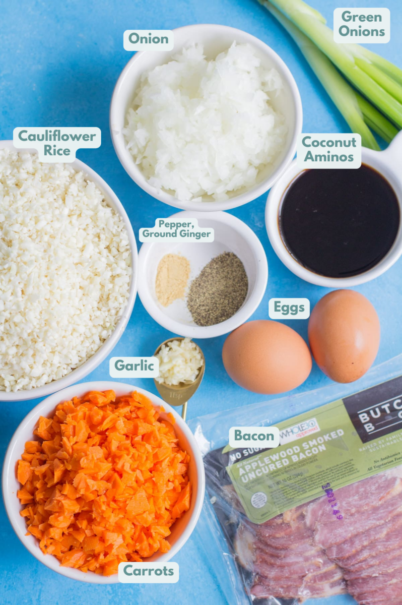 ingredients for Breakfast cauliflower rice in small bowls