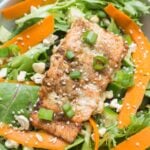 Asian salmon over a salad with carrots, cashews and sesame seeds
