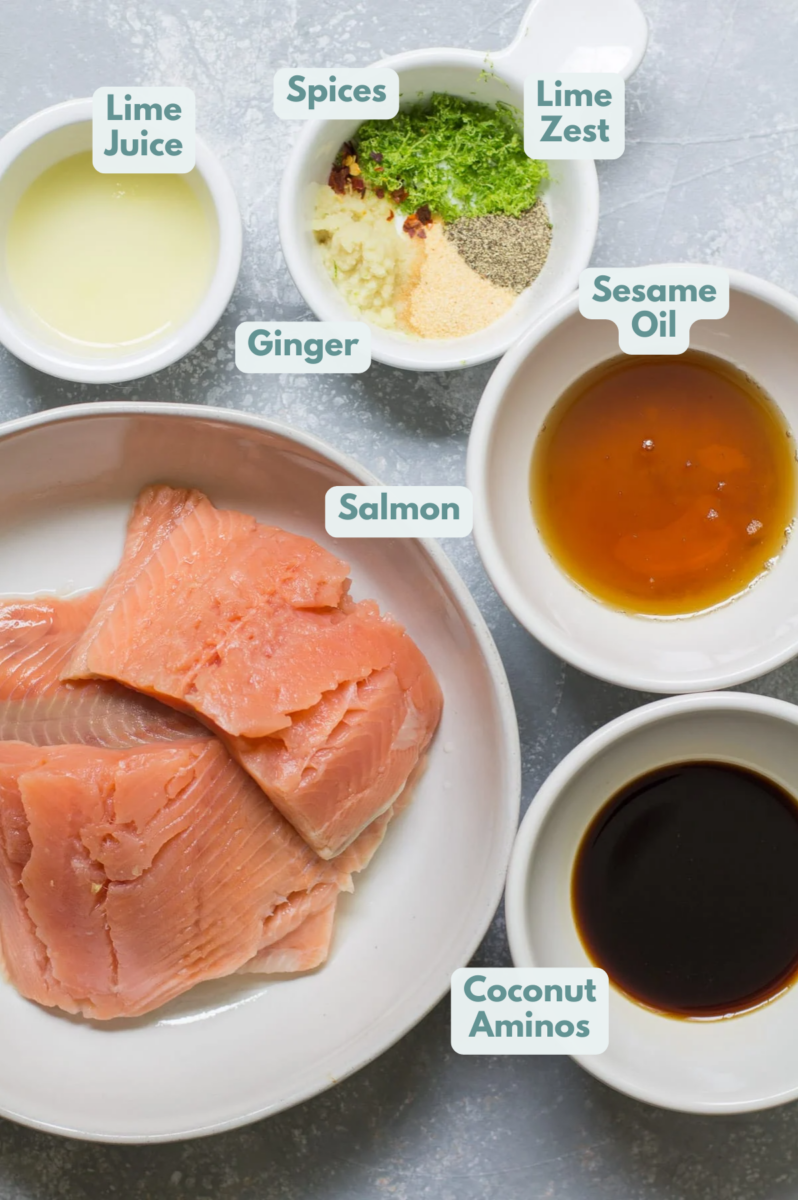 ingredients to make asian salmon laid out on a grey background