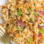 A close up of Breakfast Cauliflower Fried Rice on a white plate with a gold fork.