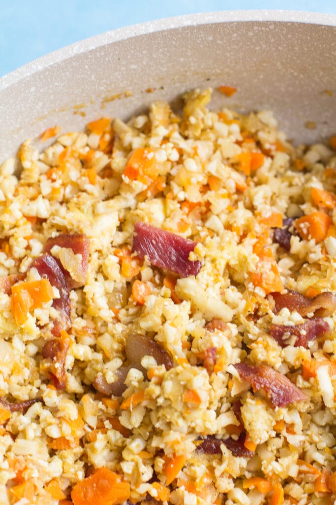 Breakfast Cauliflower Fried Rice in a white pan