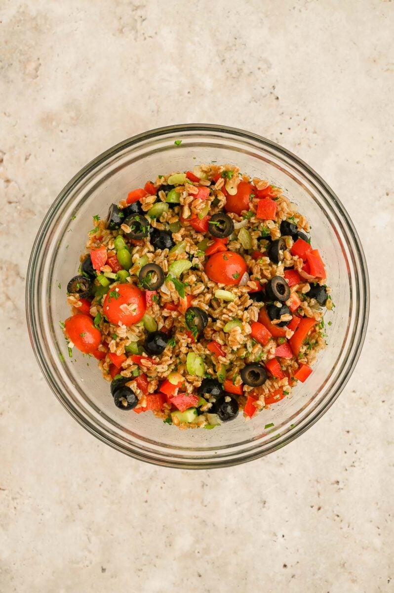 Easy Farro Salad in a clear bowl. 