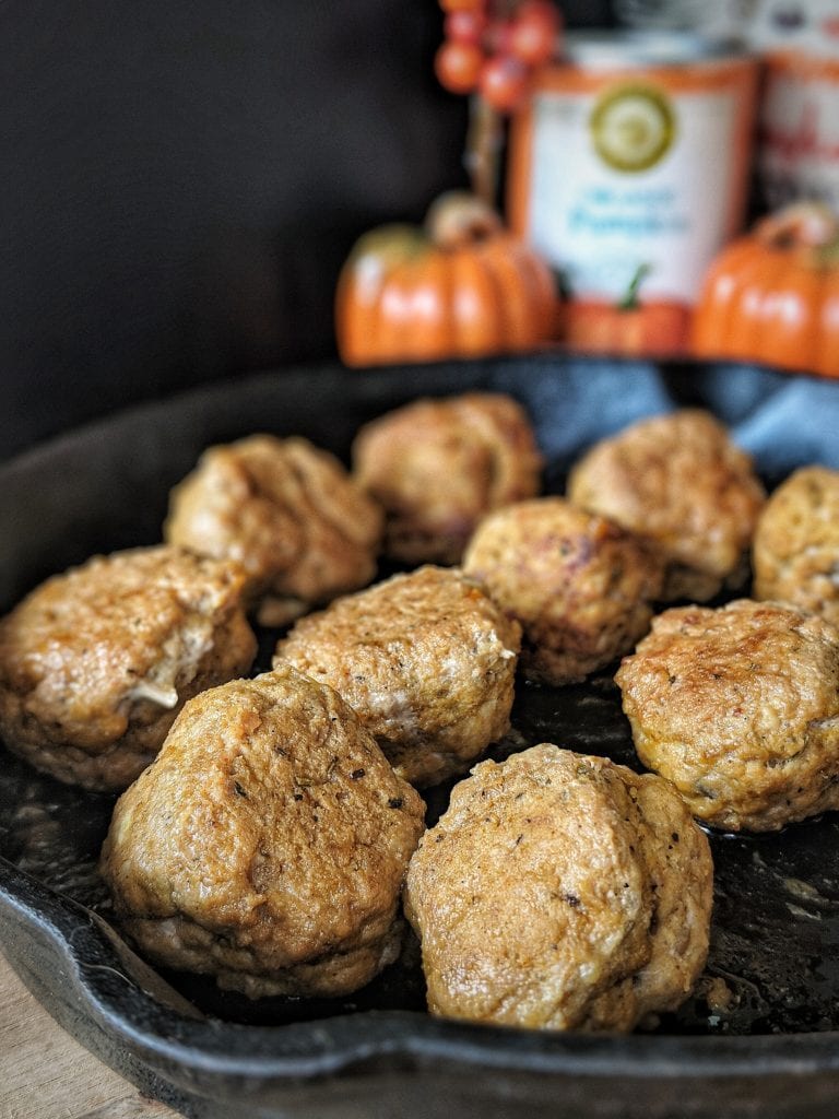 paleo pumpkin meatballs in a cast iron skillet - - healthy pumpkin recipes