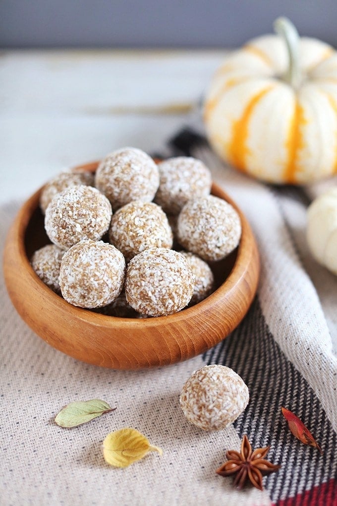 pumpkin energy bites in a wooden bowl - - healthy pumpkin recipes