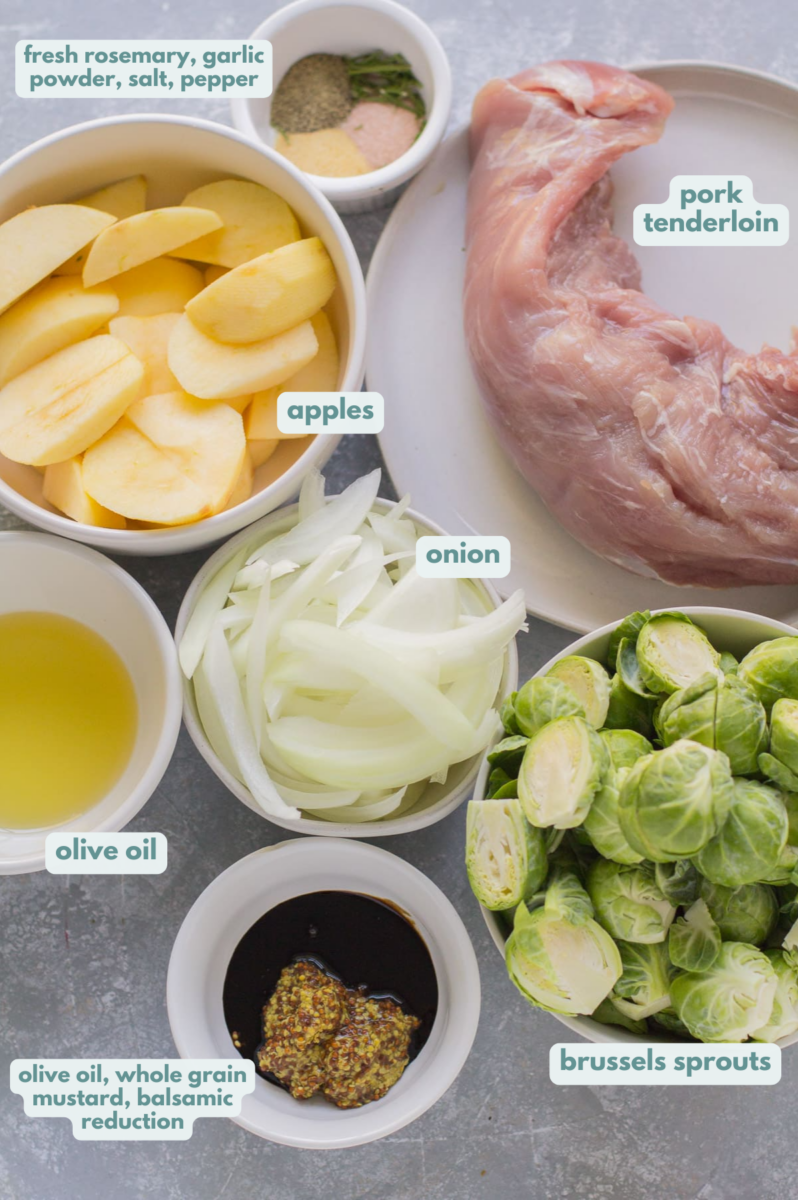 Ingredients for Apple Pork Tenderloin in small white bowls on a grey background