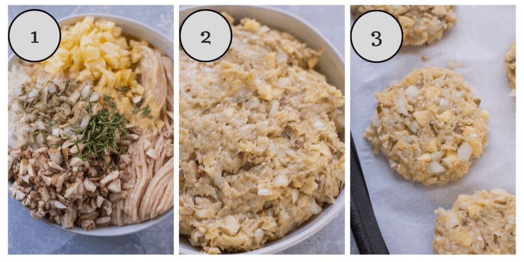 A collage with step by step instructions showing how to make chicken breakfast sausage.