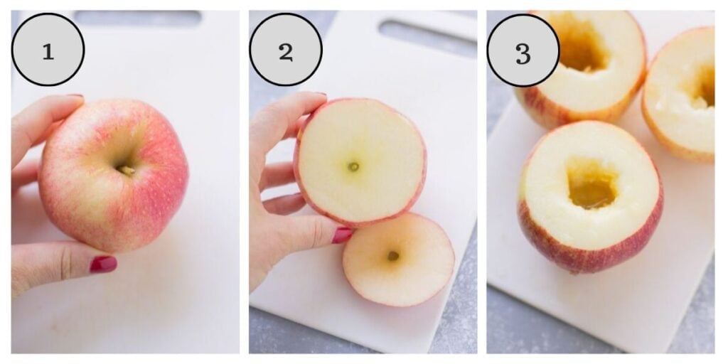 A collage with step by step instructions on how to core apples