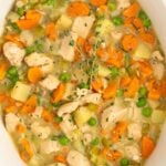 a close up of slow cooker chicken stew in a crockpot base