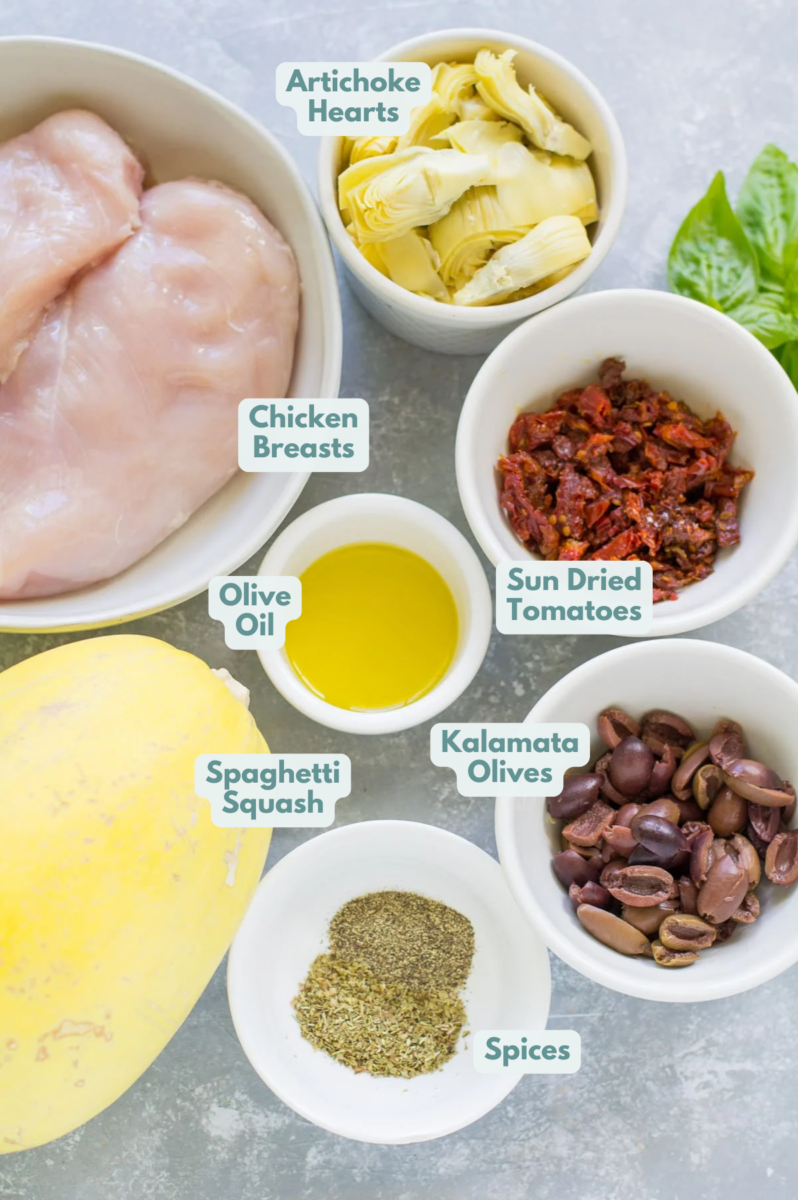 Ingredients for greek chicken spaghetti squash bake in small white bowls laid out on a grey background