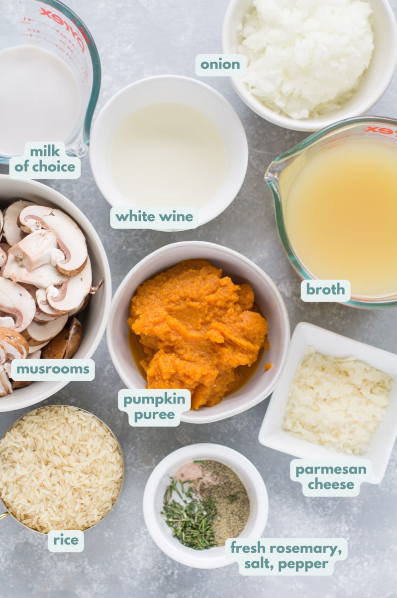 Ingredients for pumpkin mushroom risotto laid out in small white bowls on a grey background