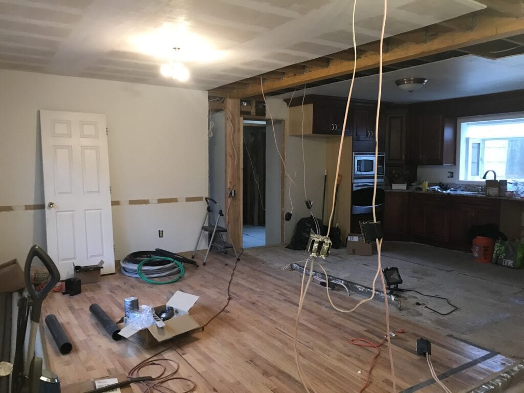 Kitchen renovation without the dining room wall.