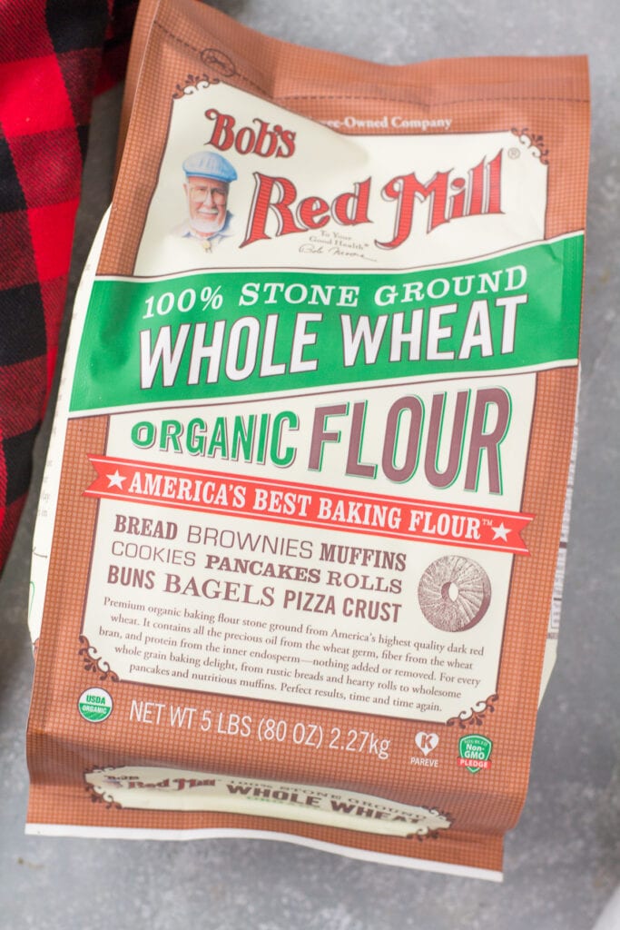 A bag of Bob's Red Mill Organic Whole Wheat Flour