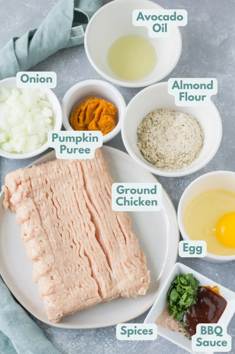 Ingredients for BBQ Chicken Meatloaf laid out in small bowls