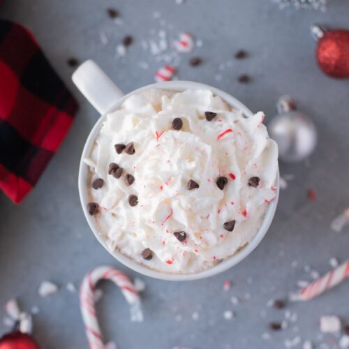 Healthy Peppermint Mocha in a white mug on a grey background
