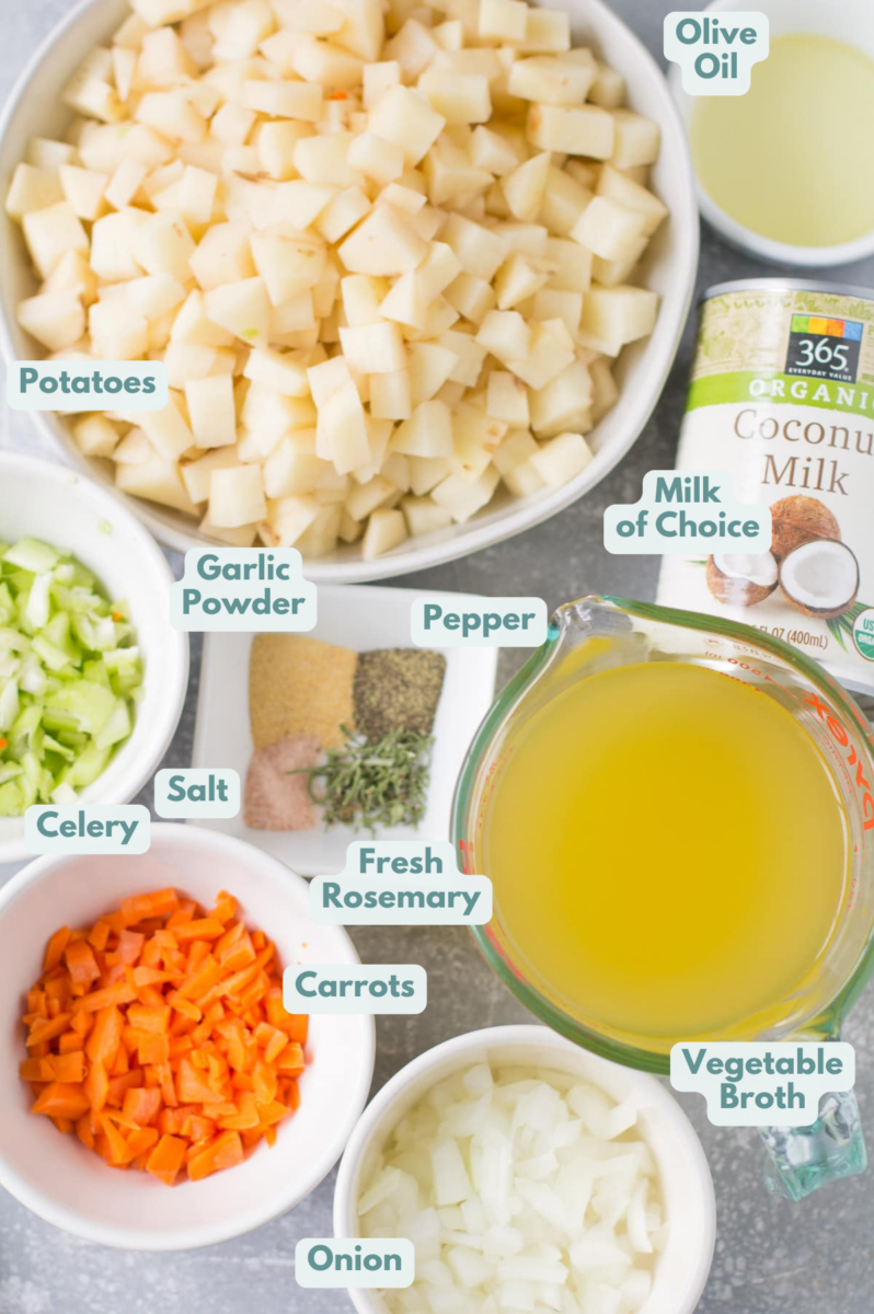 Ingredients for healthy potato soup laid out in individual white bowls on a grey background