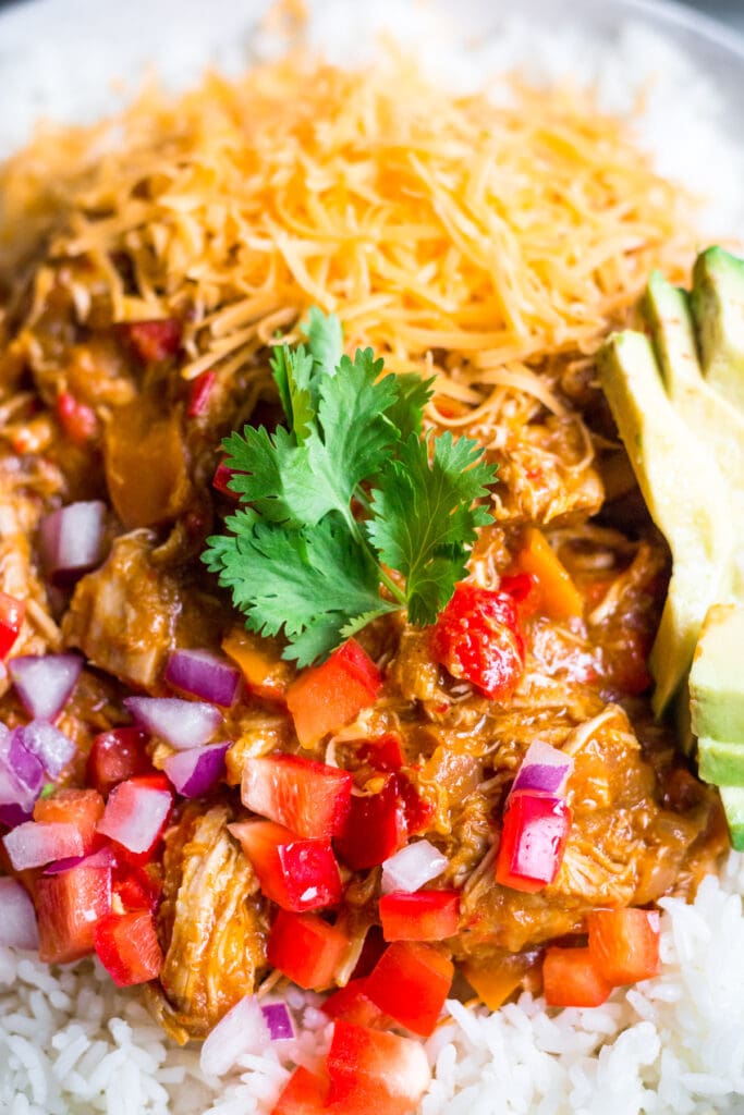 A close up image of Paleo Crockpot Pumpkin Chicken Chili in a white bowl
