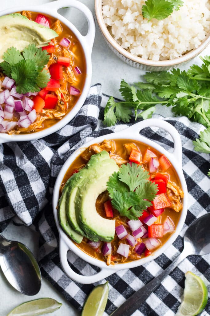 Whole30 Paleo Pumpkin Chicken Chili in small white ramekins