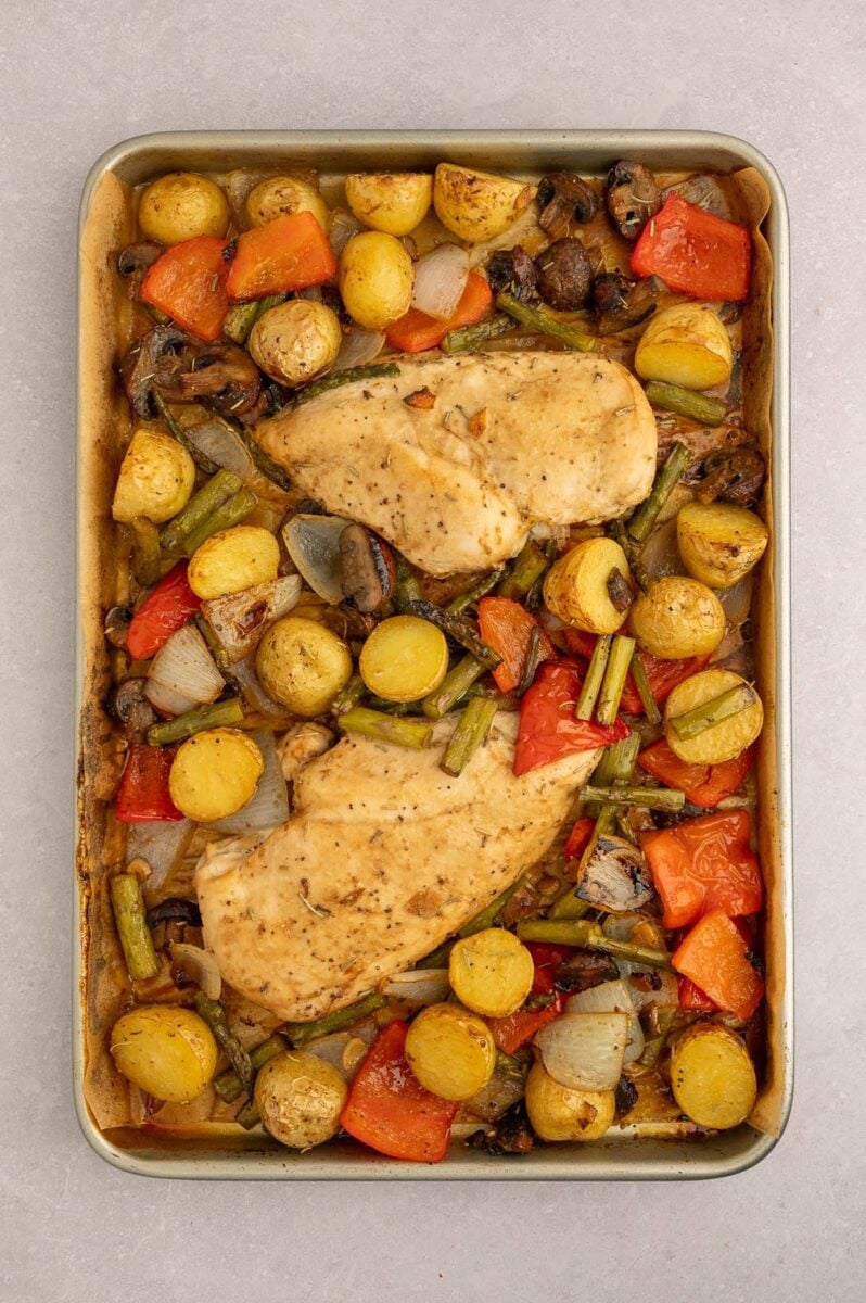 Baked sheet pan balsamic chicken and veggies on a sheet pan.