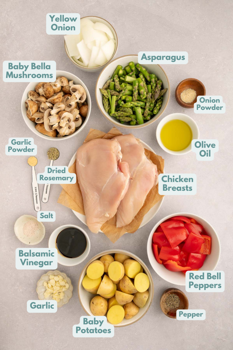 Labeled ingredients for sheet pan balsamic chicken dinner in small white bowls on a light grey background.