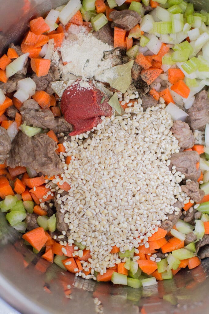beef barley soup before it has been cooked in an instant pot