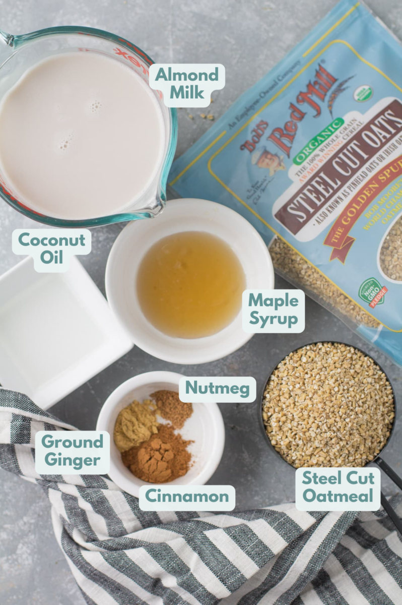 Ingredients for Baked Steel Cut Oatmeal in small white bowls/measuring cups