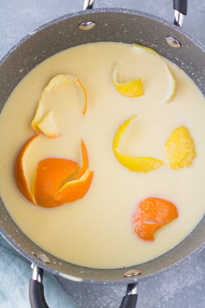 An overhead shot of a pot of italian cream pie before being cooked