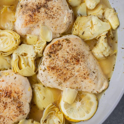 Healthy Lemon Artichoke Chicken in a pan