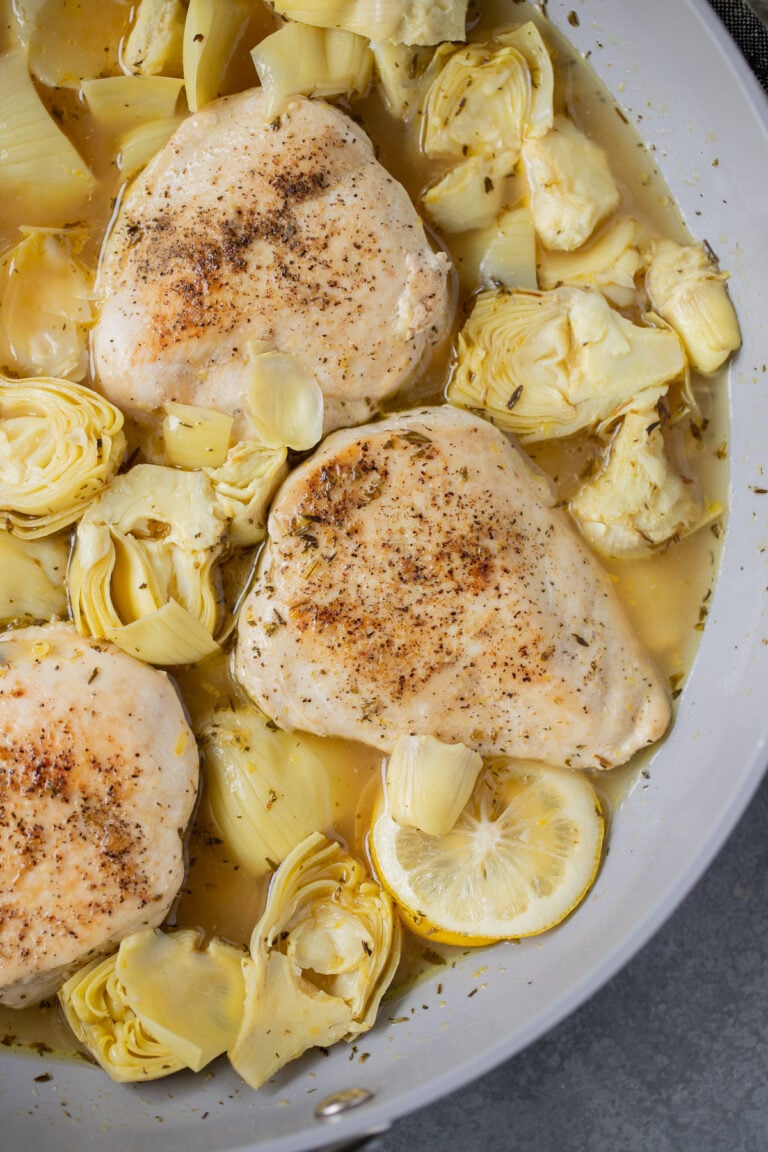 Healthy Lemon Artichoke Chicken in a pan