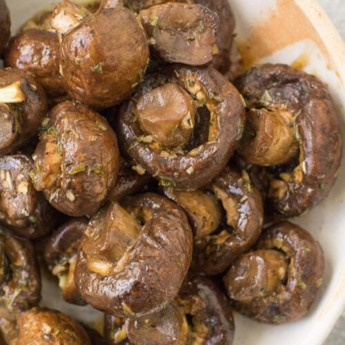 Balsamic Mushrooms in a white ceramic bowl