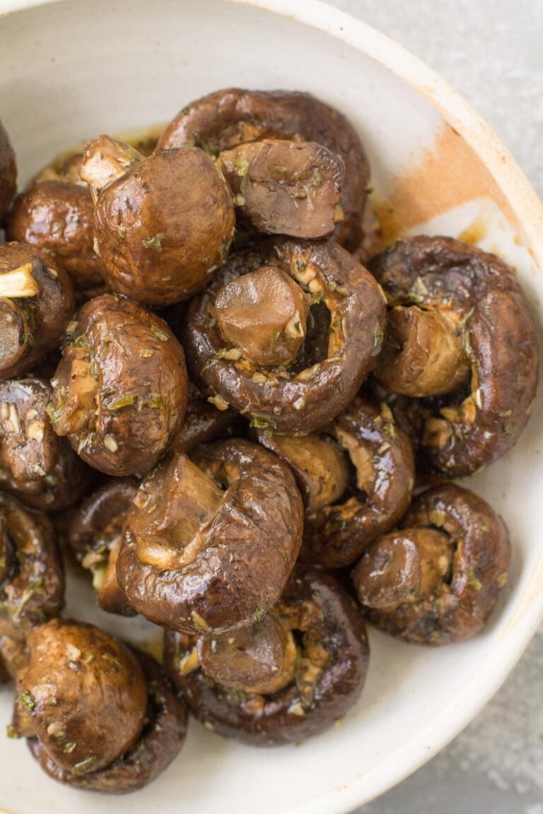 Balsamic Mushrooms in a white ceramic bowl