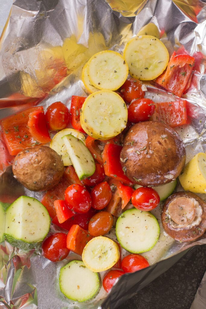 vegetables in foil before being grilled