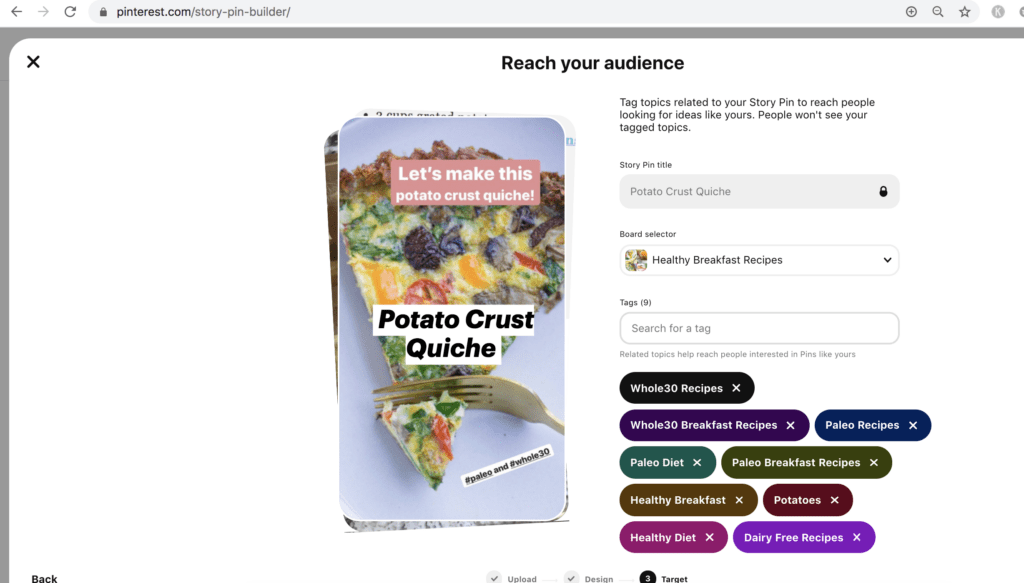 A screenshot of the publish page on Pinterest for story pins
