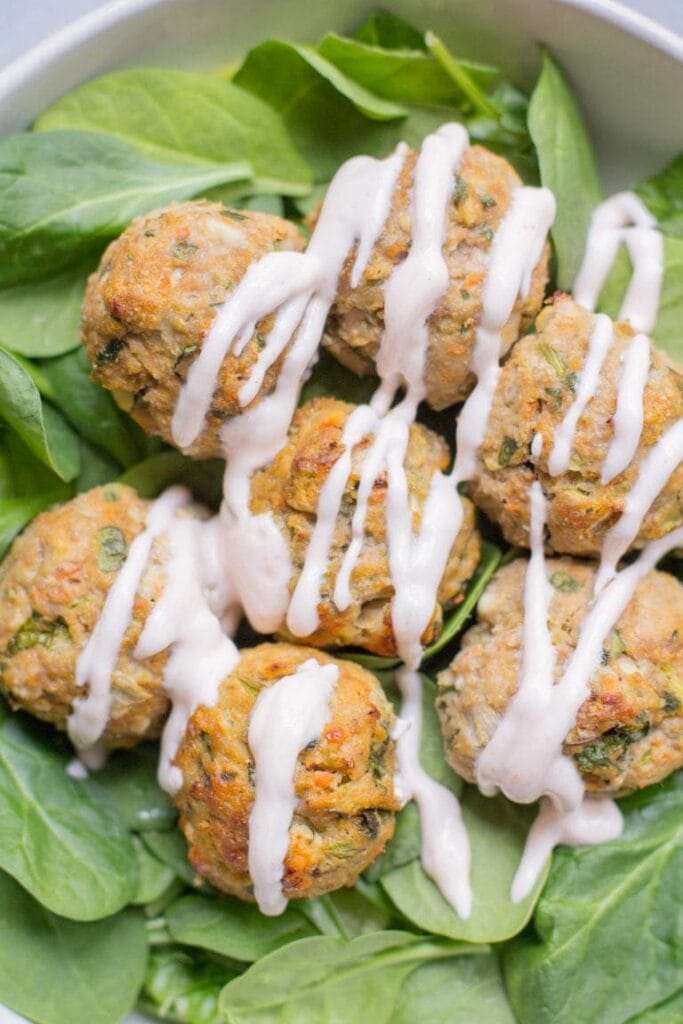 Buffalo turkey meatballs on a salad with buffalo yogurt dressing.
