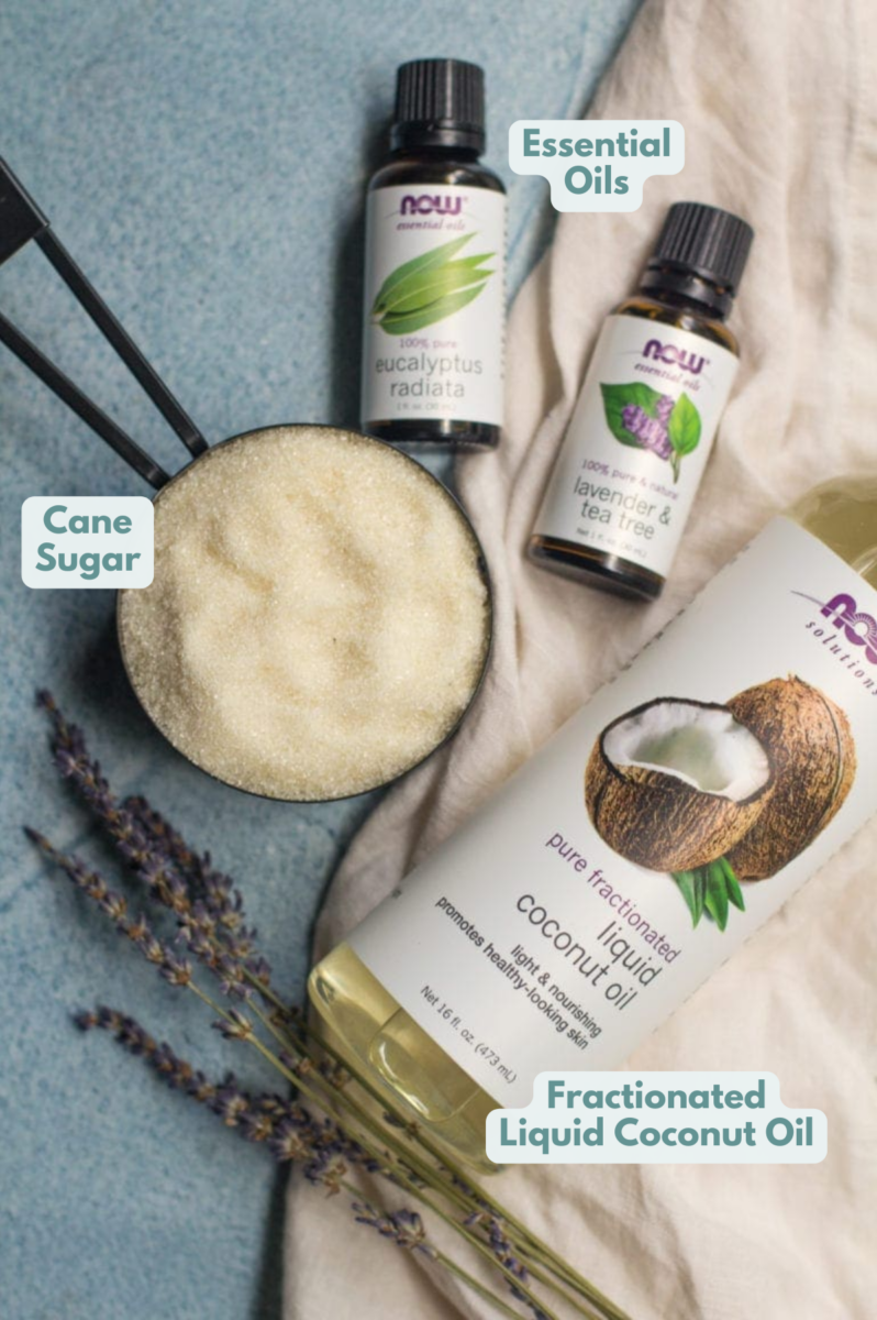Easy DIY Sugar Scrub ingredients. A cup of sugar, essential oils + liquid coconut oil