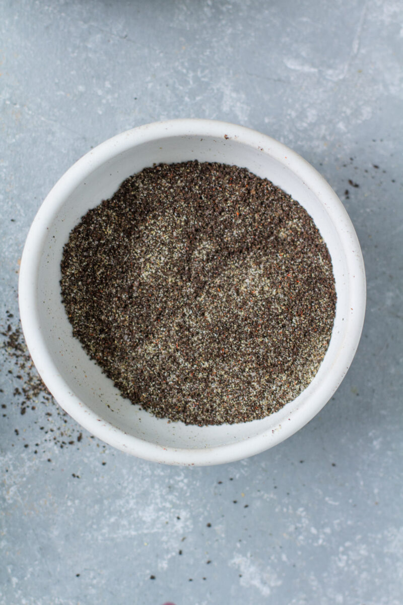 Coffee dry spice rub for pork chops in a bowl.