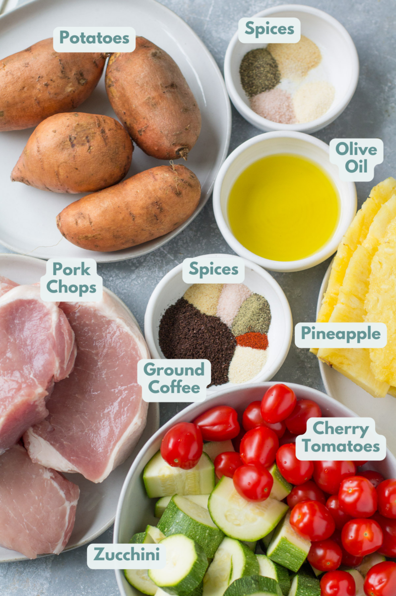 Ingredients for one hour grilled dinner on plates and in bowls before cooking.