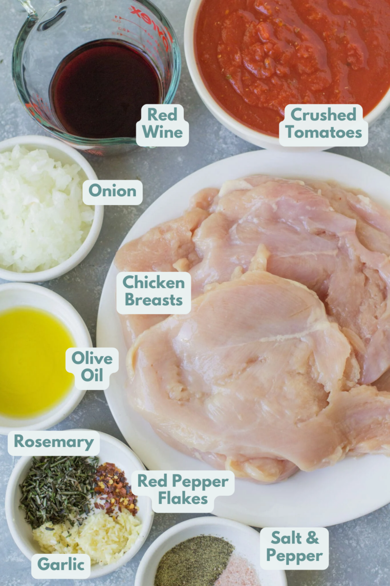 Ingredients for Rosemary Chicken Sauce in small white bowls on a grey background