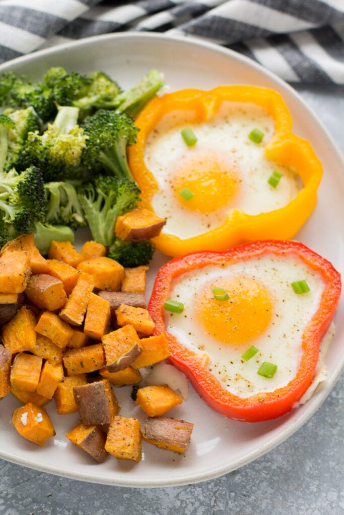 Sheet pan eggs, potatoes and broccoli on a white plate.