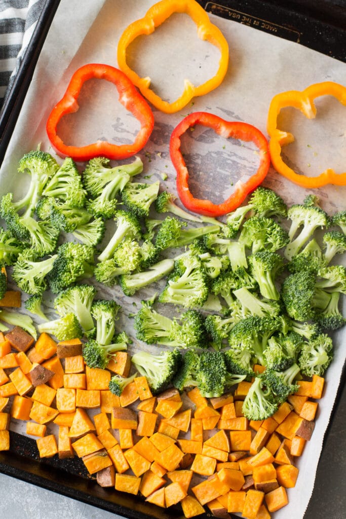 An overhead image of sheet pan breakfast before being cooked