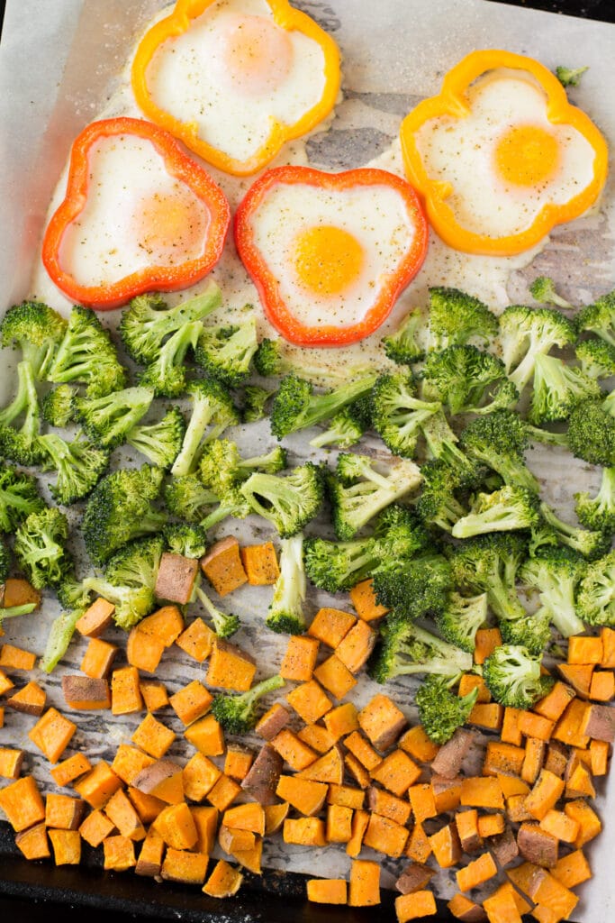 a one pan breakfast cooked on a sheet pan fresh out of the oven